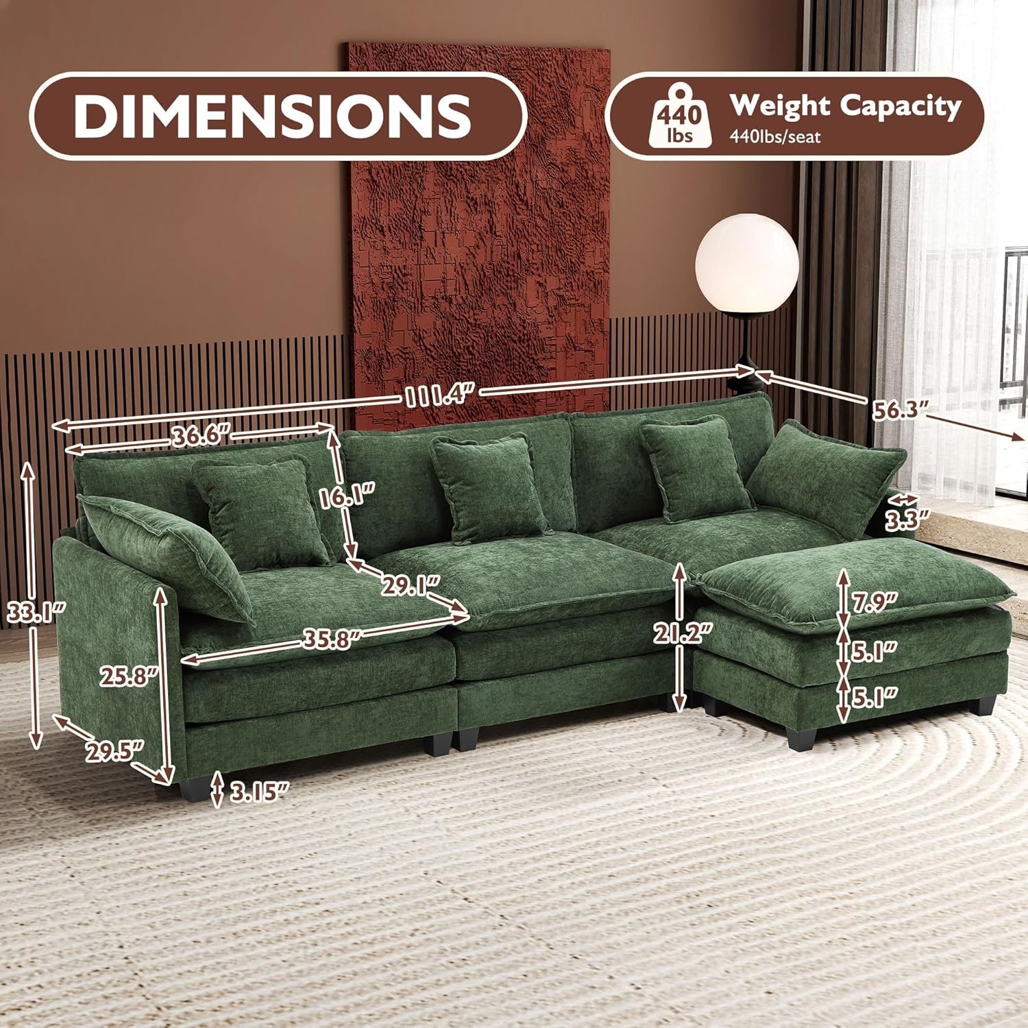 111.4 Inch L Shaped Modern Sofa Modular Cloud Sofa with Ottoman 4 Seater Chenille Deep Seat Sofa