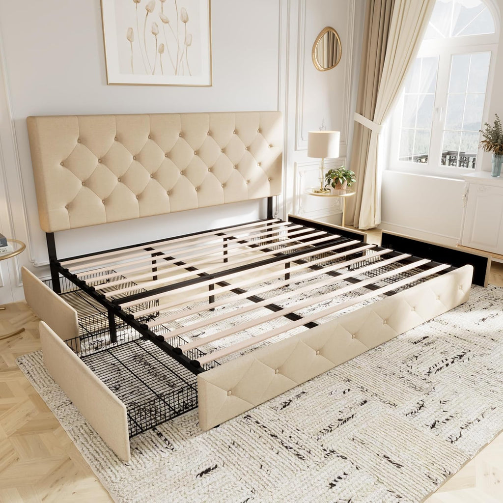 Allewie Upholstered Queen Size Platform Bed Frame with 4 Storage Drawers and Headboard, Square Stitched Button Tufted, Mattress Foundation with Wooden Slats Support, No Box Spring Needed, Light Grey