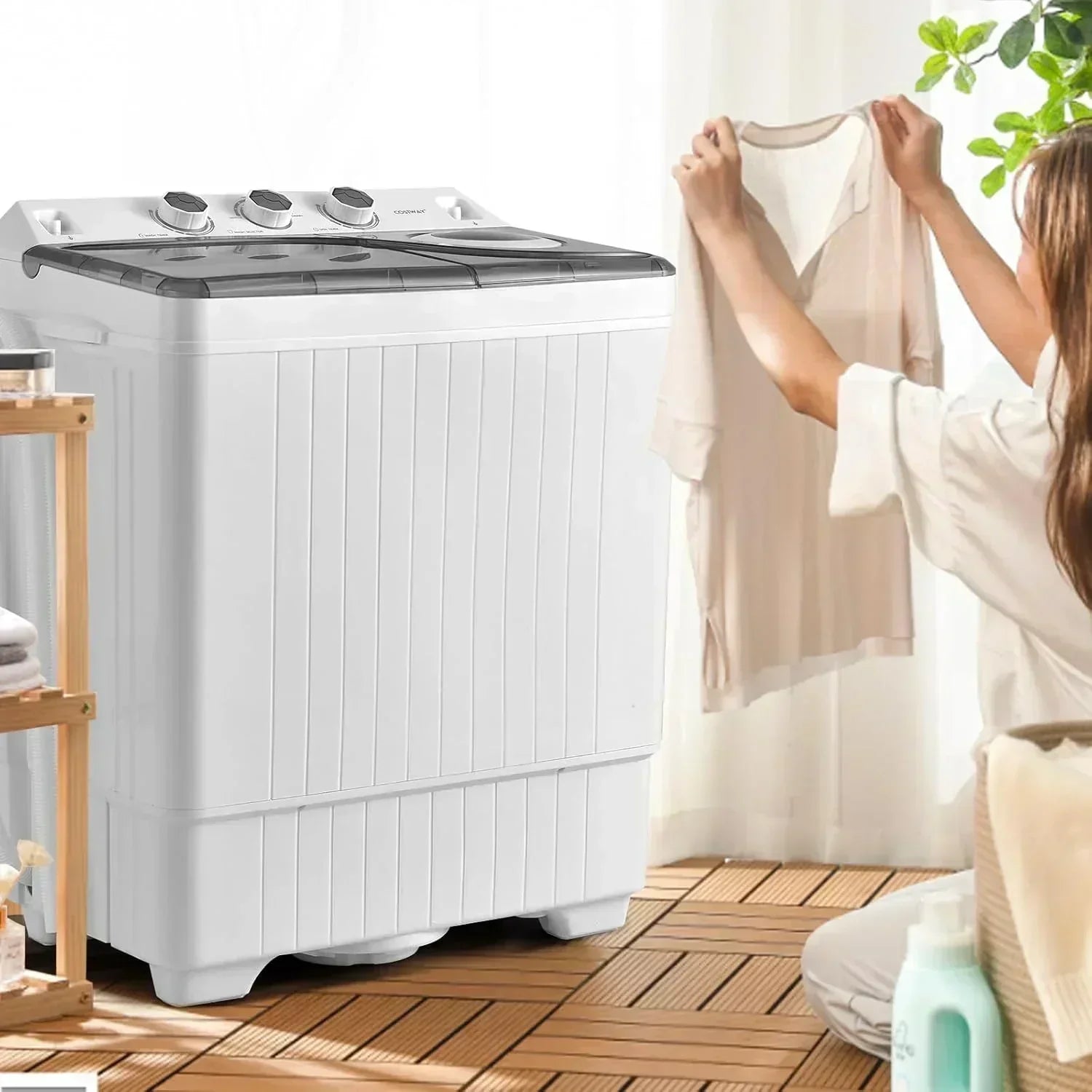 COSTWAY Double Tub 26 lb Capacity Laundry 18 lb 8 lb Spin Combo Drain Pump Washing Machine