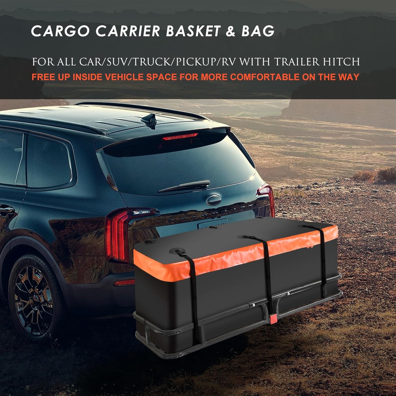 Folding hitch mounted cargo basket 60 With hook stabilizer, net and straps