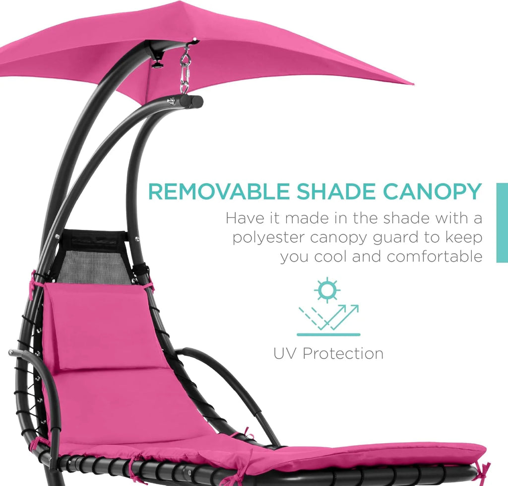 Best Choice Products Outdoor Hanging Curved Steel Chaise Lounge Chair Swing w/Built-in Pillow and Removable Canopy - Teal
