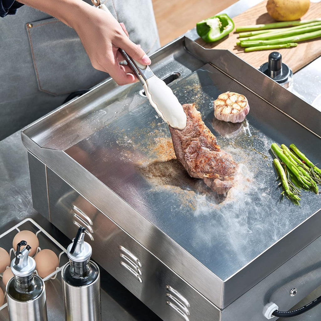 14 Inch Electric Griddle, Non-Stick Flat Top Grill Commercial Electric Countertop Griddles Stainless Steel Adjustable Temperature Control 90F-575F for Home or Restaurant Use