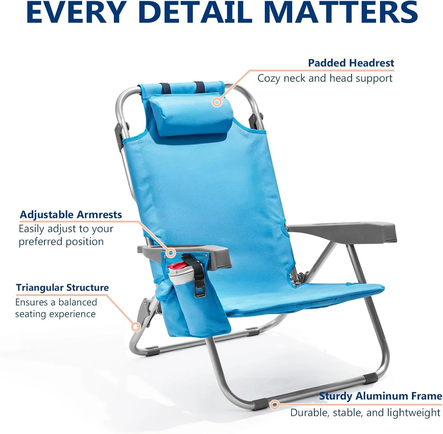 5-Position Aluminum Lay Flat Tall Backpack Beach Chairs 2 Pack Compact Portable Beach Chairs for Adults with Cooler Pouch, Storage Pouch, Towel Bar, Cup Holder & Phone Holder, Blue Stripe
