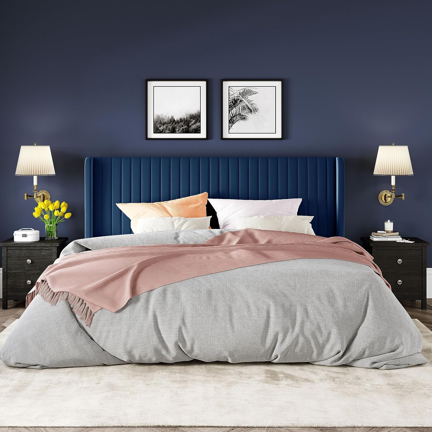 Allewie Full Size Velvet Bed Frame Vertical Channel Tufted Wingback Headboard Upholstered Bed