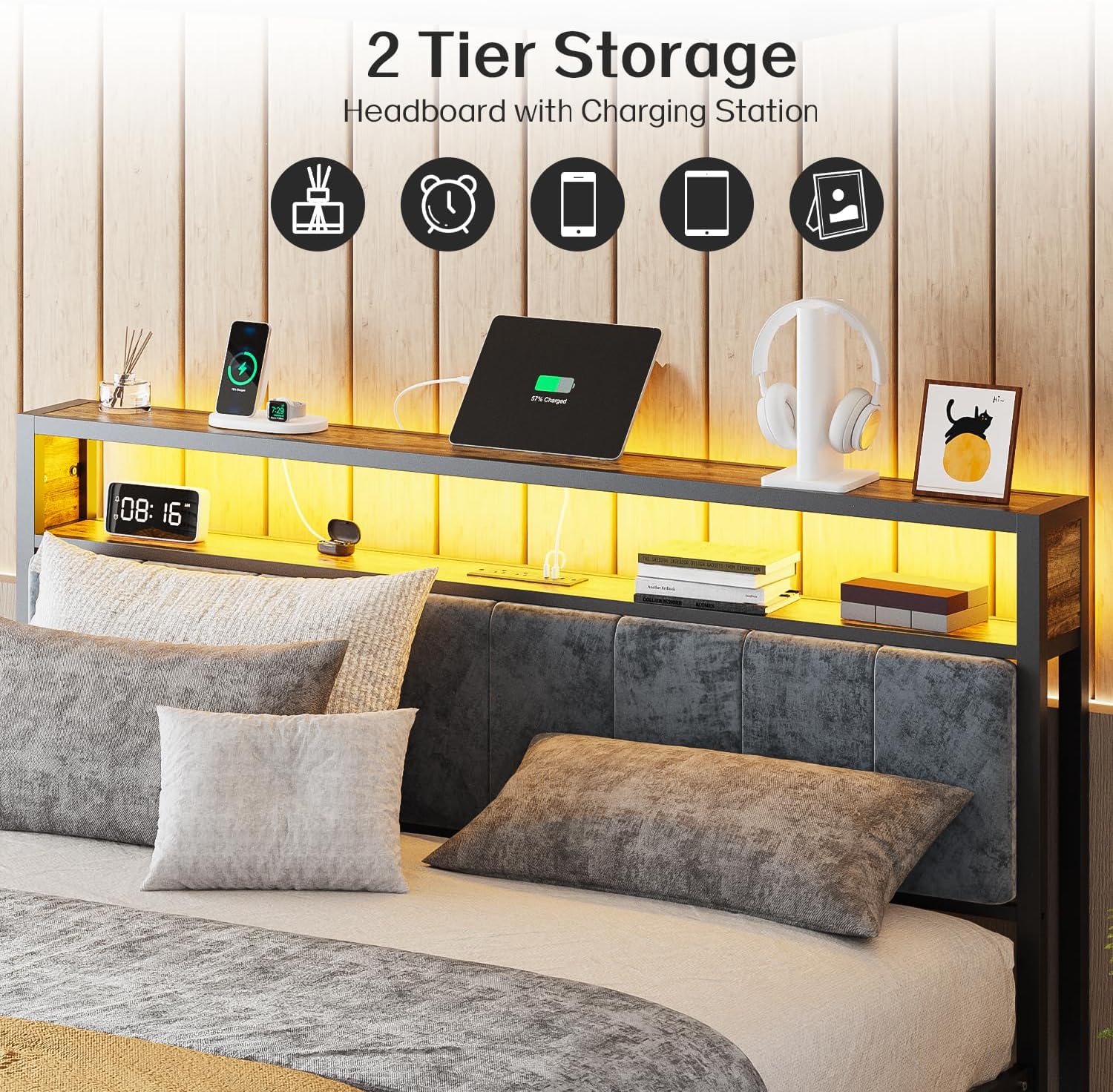 OLEVS Single Bed Frame LED Light Storage Headboard Type C Charging Station Metal Platform Bed