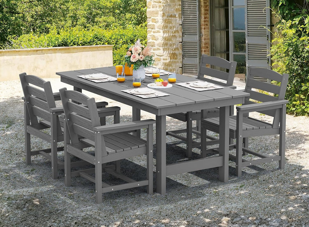 SERWALL 7-Piece Patio Table Set, Outdoor HDPE Dining Furniture with Umbrella Hole, All Weather Table and Chairs for Lawn, Garden, Poolside, Aruba