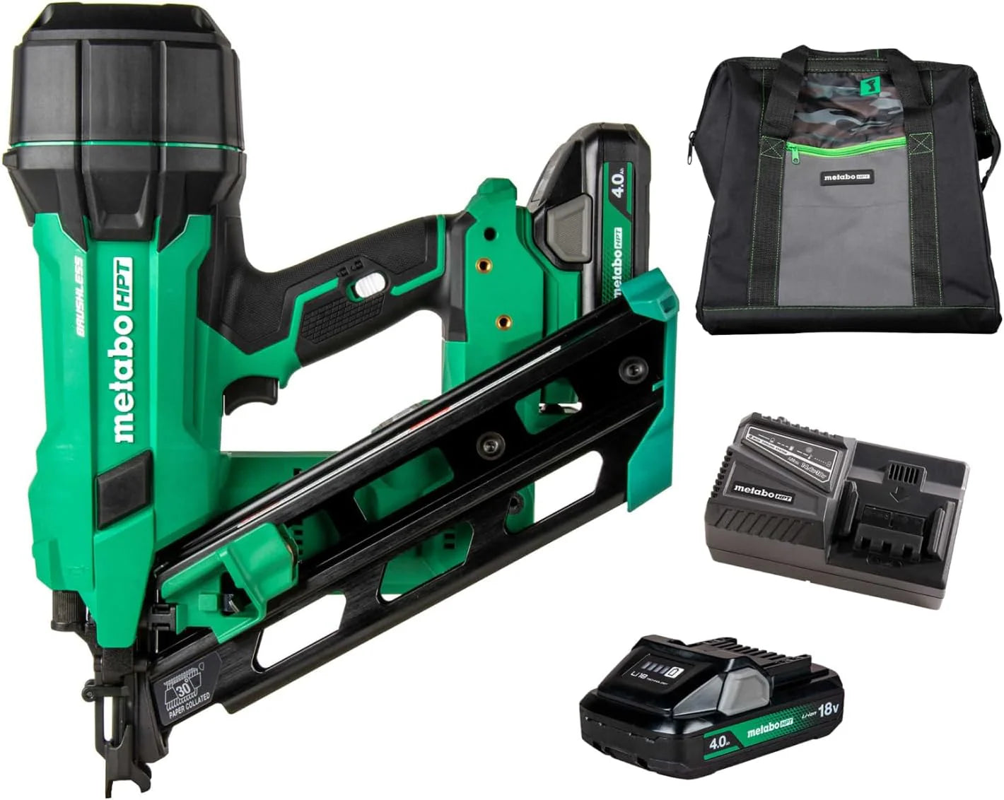 18V multi-voltage cordless 30° paper tape measuring nail gun kit, 3-1/2 inch measuring nail gun, power tool, equipped with 4.0Ah lithium-ion battery, capable of driving 2 to 3-1/2 nails, powerful brushless motor