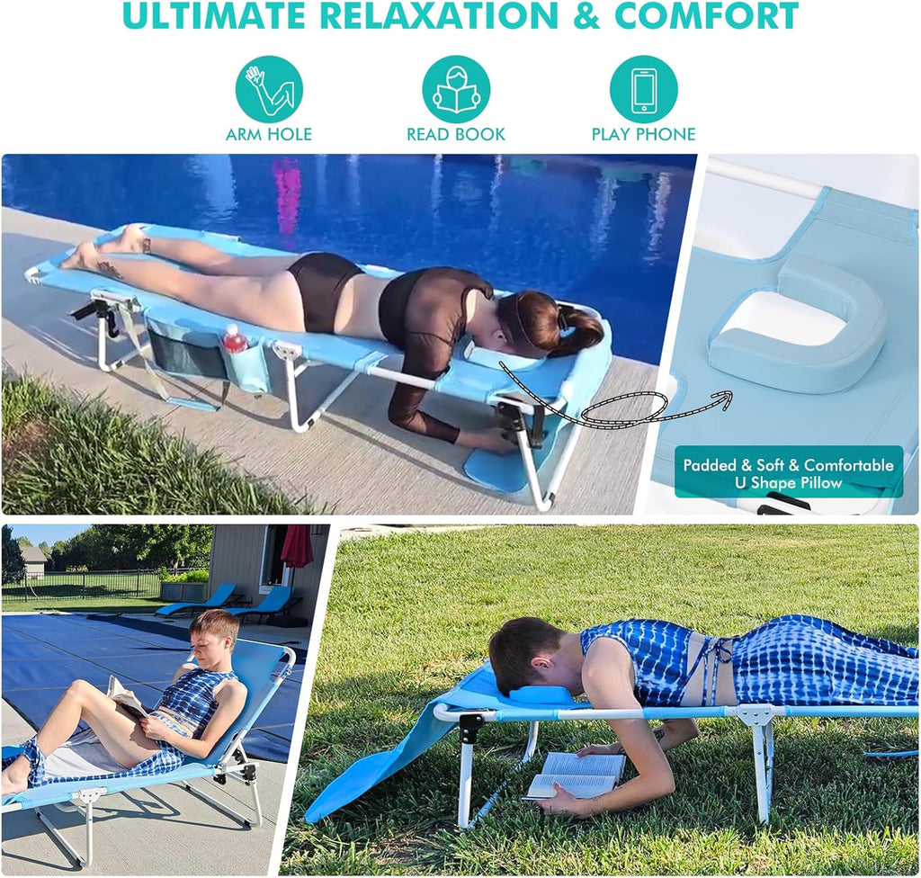Tanning Chair with Sun Canopy Face Hole Folding Chaise Lounge Chair 5 Position Reclining