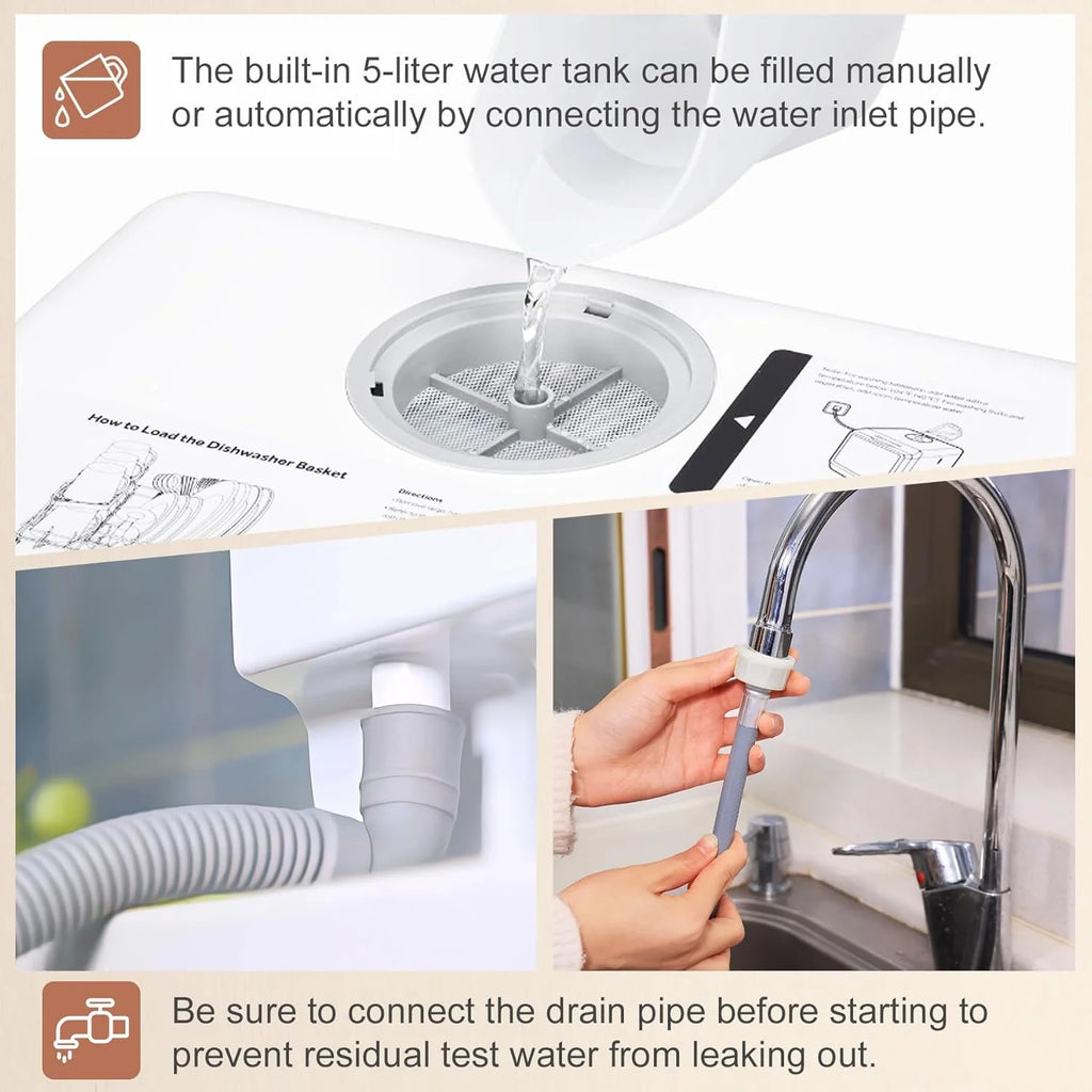 Mini countertop dishwasher. Compact dishwasher with drying function. Double spray arms. Portable countertop dishwasher