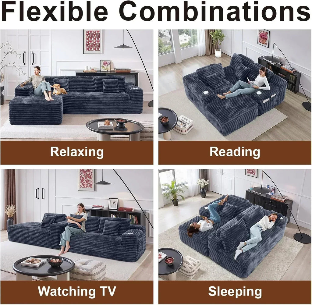 Cloud section sofa with L-shaped recliner modern modular sofa built-in cup holder