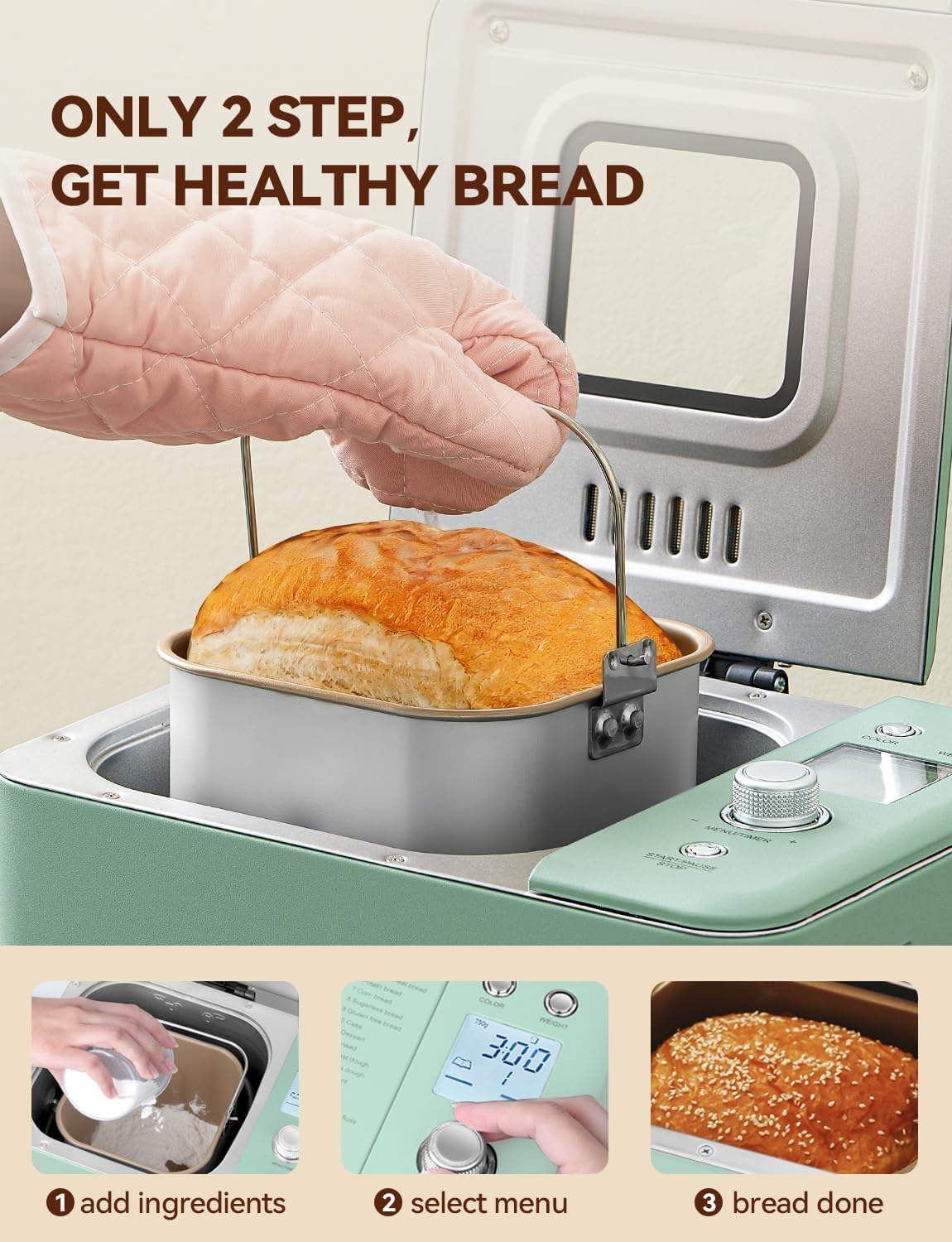 Neretva Bread Maker, 20-IN-1 2LB Bread Machine Dual Heater Bread Maker Machine Automatic with Nonstick Ceramic Pan, 15H Timer & 1H Keep Warm Set, Low Noise, Stainless Steel Breadmaker Recipe-Green