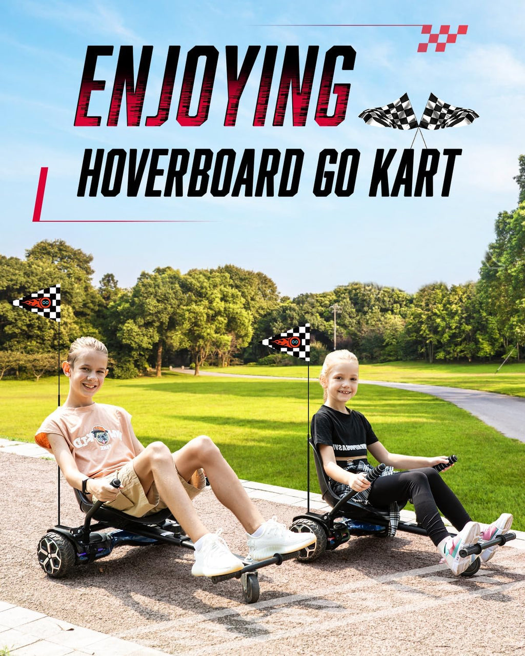 Hoverboard Go Kart with Rear Shock Absorption, Hoverboard Seat Attachment Accessory for 6 to 10 Hoverboard, Adjustable Frame Length & Off-Road Rubber Wheel (Not Including Hoverboard