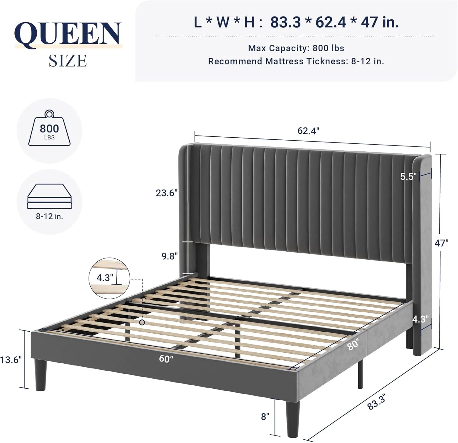 Allewie Full Size Velvet Bed Frame Vertical Channel Tufted Wingback Headboard Upholstered Bed