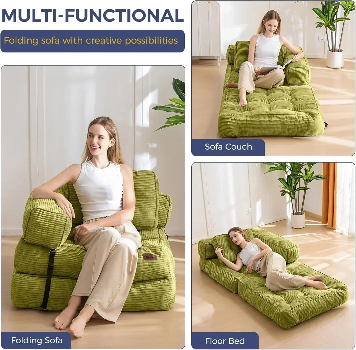 Folding Sofa Bed L-Shaped Convertible Sofa Bed with Armrests and Pillows