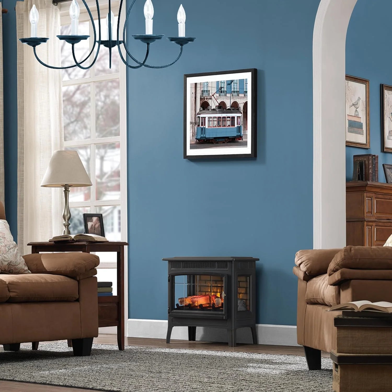 Freestanding Electric Fireplace Stove Heater with 3D Flame Effect for 1,000 Sq. Ft