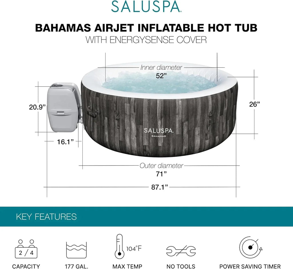 Bestway SaluSpa Fiji AirJet Large Round 2 to 4 Person Inflatable Hot Tub Portable Outdoor Spa with 120 AirJets and EnergySense Cover, Grey