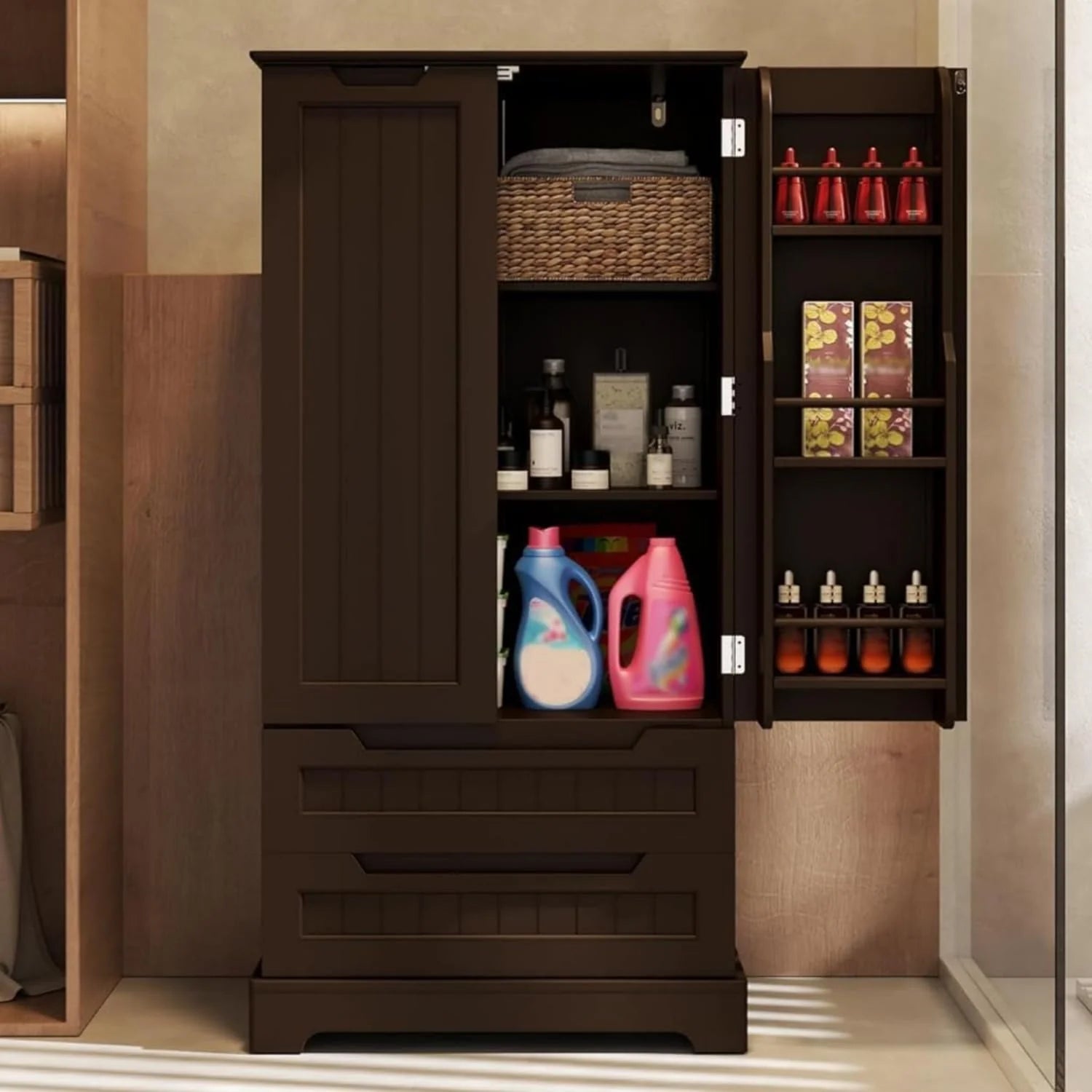 Gizoon Kitchen Pantry Cabinet with Drawers Freestanding Bathroom Storage Cabinet with Doors and Shelves, 47 Inch Small Pantry Cabinet