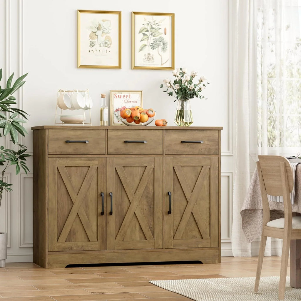 Modern farmhouse sideboard, barn door buffet storage cabinet with drawers and shelves, wooden coffee bar with storage