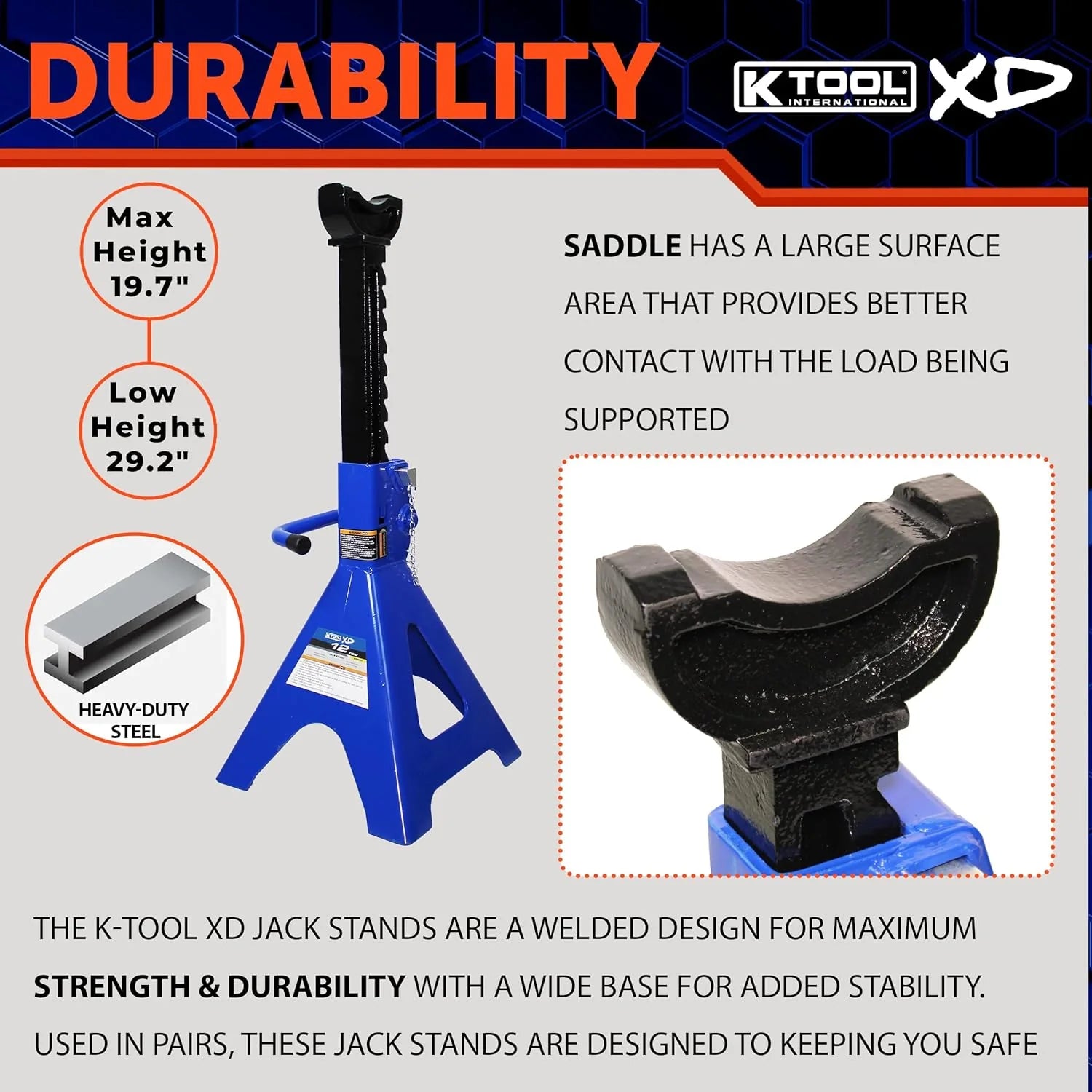 HD61222 22 Ton Automotive Jack Stands for Garages, Repair Shops, and DIY, Pin Style, V Shaped Saddle, Heavy Duty Steel Frame, Adjustable Height 11.825- 19.725, Black/Blue, Pair