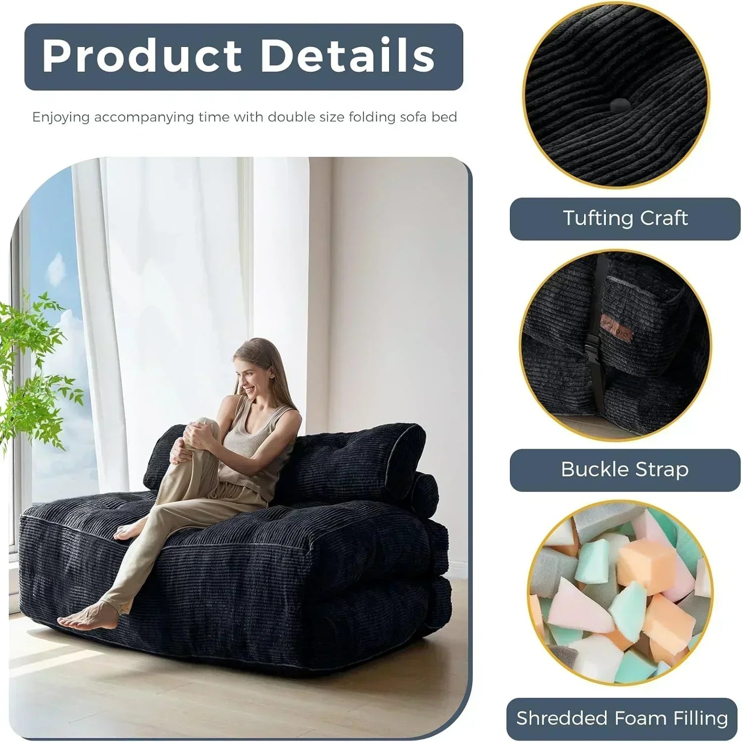 MAXYOYO Folding Sofa Bed Convertible Sleeper Chair with Pillow Foldable Mattress with Back Support