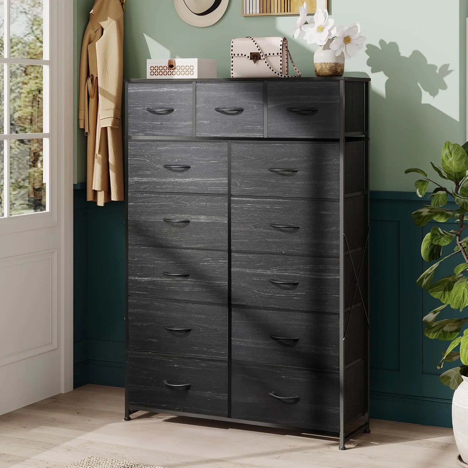 WLIVE Storage Organizer Unit with 13 Fabric Bins, Storage Drawers Organizer with Steel Frame, Tall Storage Tower Organizaton for Living Room, Hallway, Office, Charcoal Black