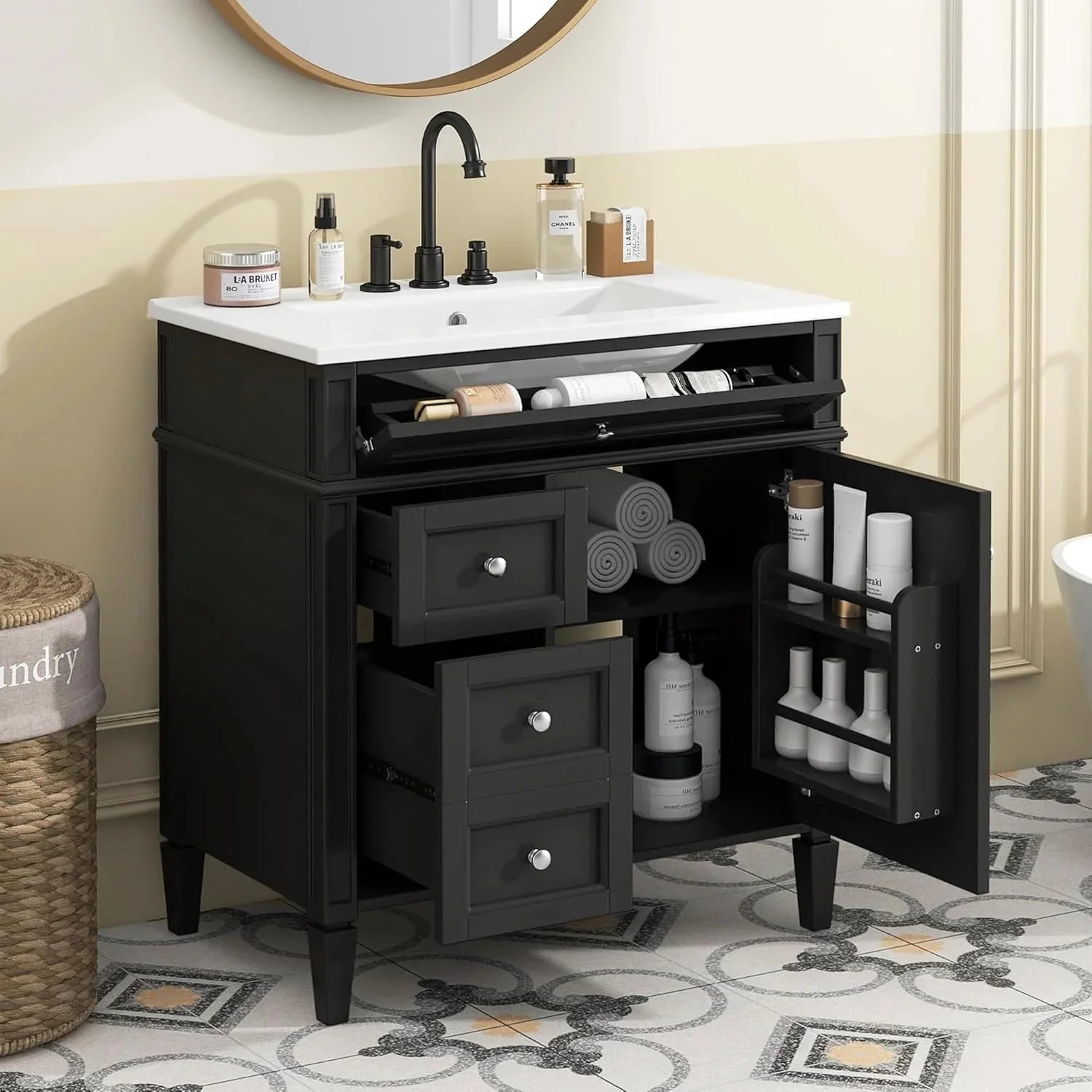 36 Bathroom Vanity with Single Sink Combo, Modern Undermount Bathroom Sink Cabinet with 2 Drawers and a Tip-Out Drawer, Freestanding Bathroom Vanities, Soft Closing, Solid Wood Frame
