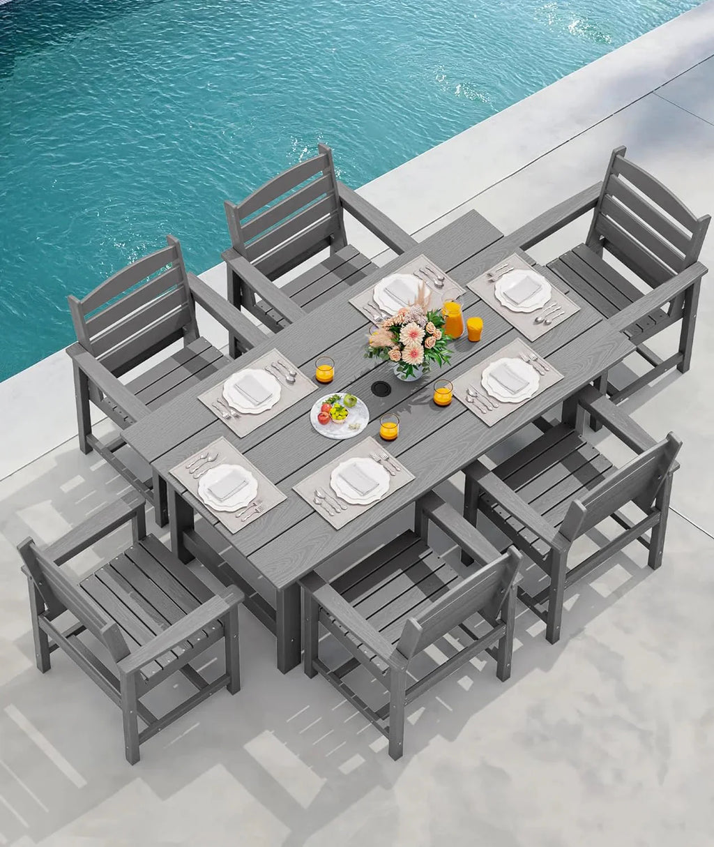 SERWALL 7-Piece Patio Table Set, Outdoor HDPE Dining Furniture with Umbrella Hole, All Weather Table and Chairs for Lawn, Garden, Poolside, Aruba