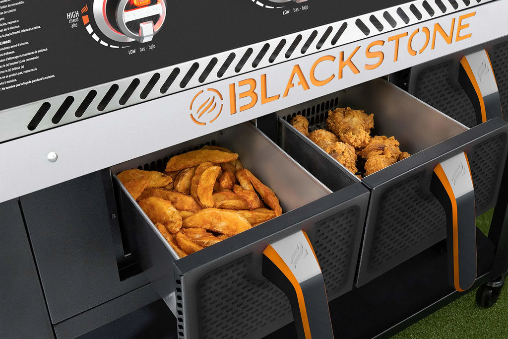 Blackstone 1962 Air Fryer Combo Two Burners Stainless Steel Gas Hood Wheels Two Side Shelf