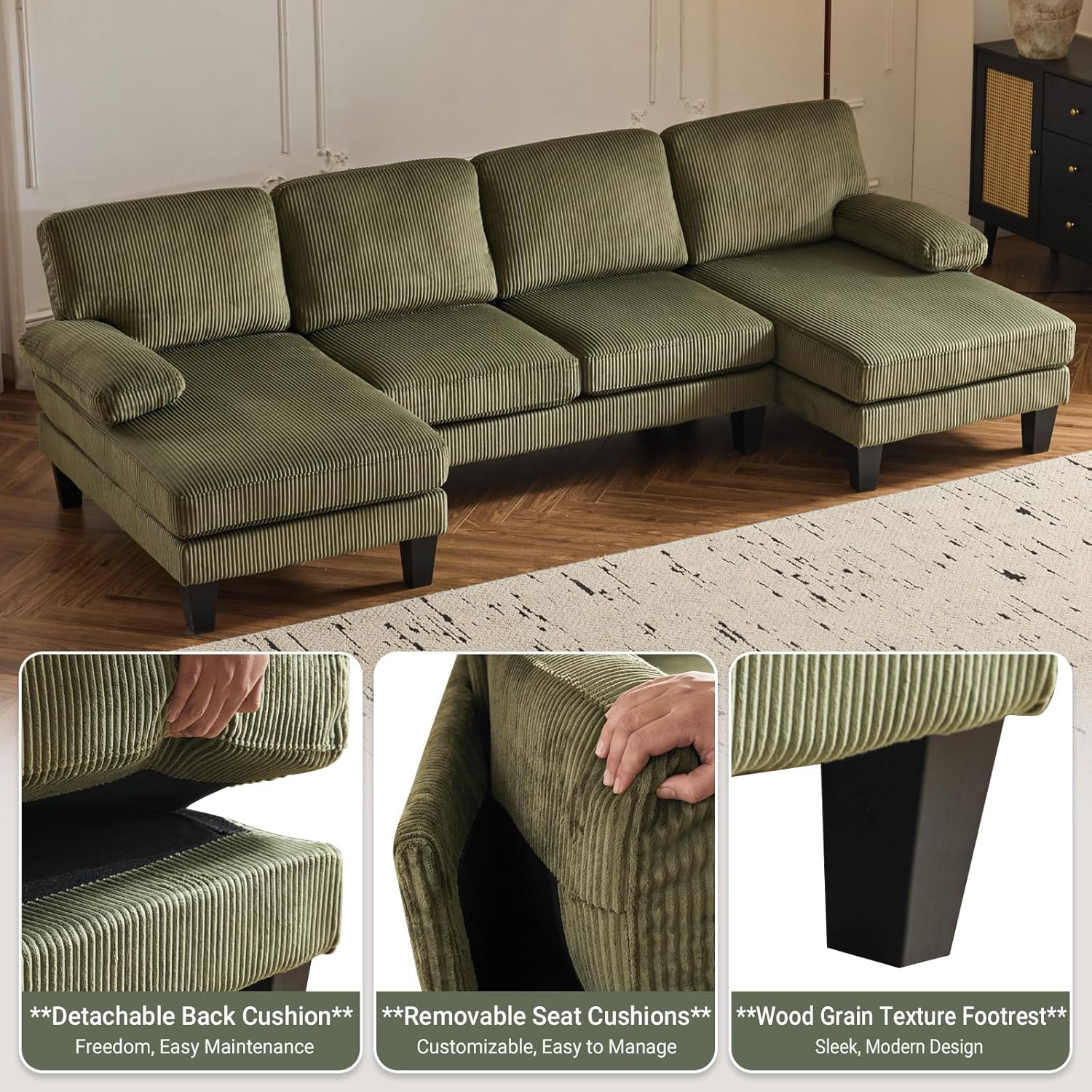 VINGLI 110 Sectional Couches for Living Room,U Shaped Couch with Double Chaise, 4-Seat Sofa Set with Chenille Fabric for Home Furniture,Beige