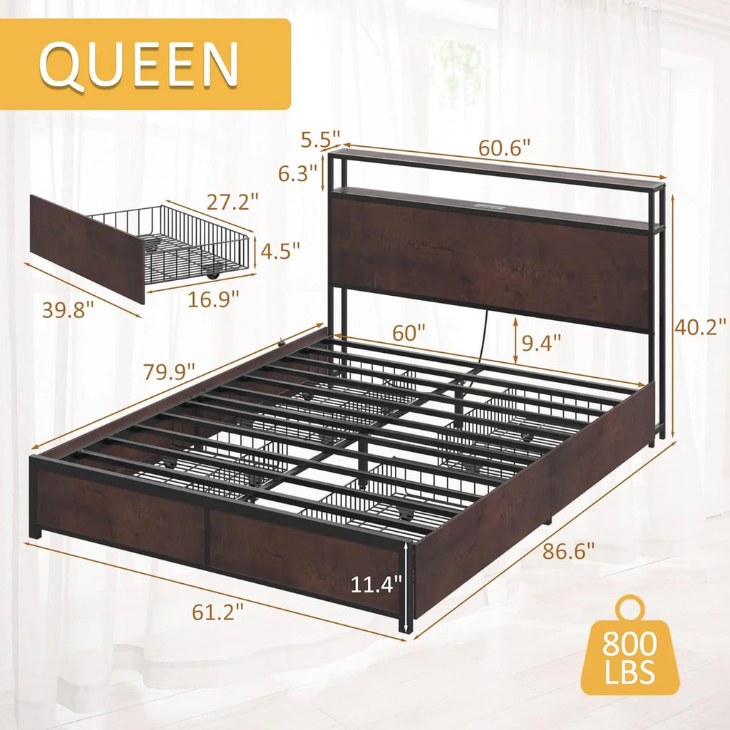 Lifezone Queen Bed Frame with 2-Tier Storage Headboard, Metal Platform Bed Frame with 4 Storage Drawers, Built in Charging Station & LED, Noise-Free/Metal Support/No Box Spring Needed