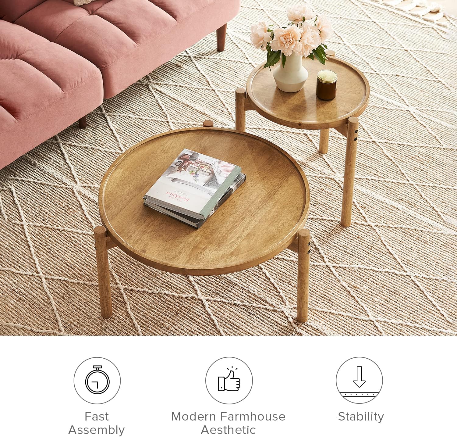 Mopio Ensley Mid Century Modern Rectangle Coffee Table with Dual Storage Shelf, Wood Slat Sliding Door, & Rounded Edge Protection for Living Room, Walnut Grain
