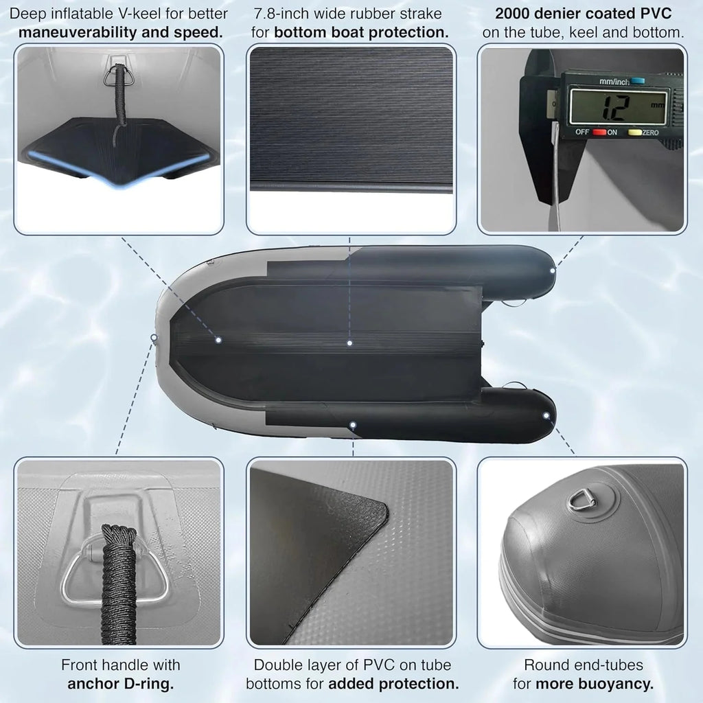 Inflatable Boat | Yacht Dinghy Tender Raft | Multi Person Fishing Boat | Aluminum Floor Oars | Fishing Rod Holders | Heavy-Duty PVC | 2024 Model |