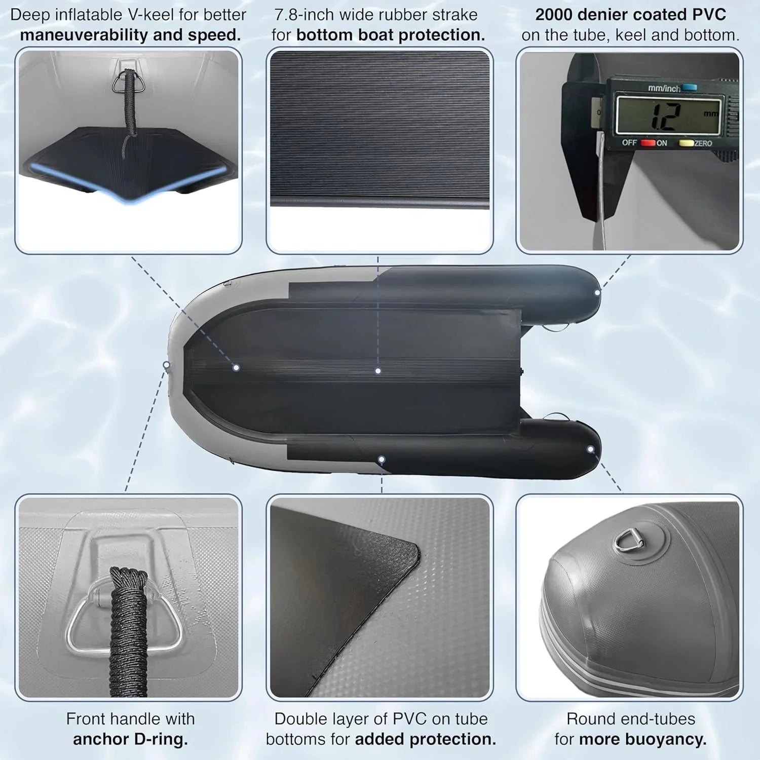 Inflatable Boat | Yacht Dinghy Tender Raft | Multi Person Fishing Boat | Aluminum Floor Oars | Fishing Rod Holders | Heavy-Duty PVC | 2024 Model |