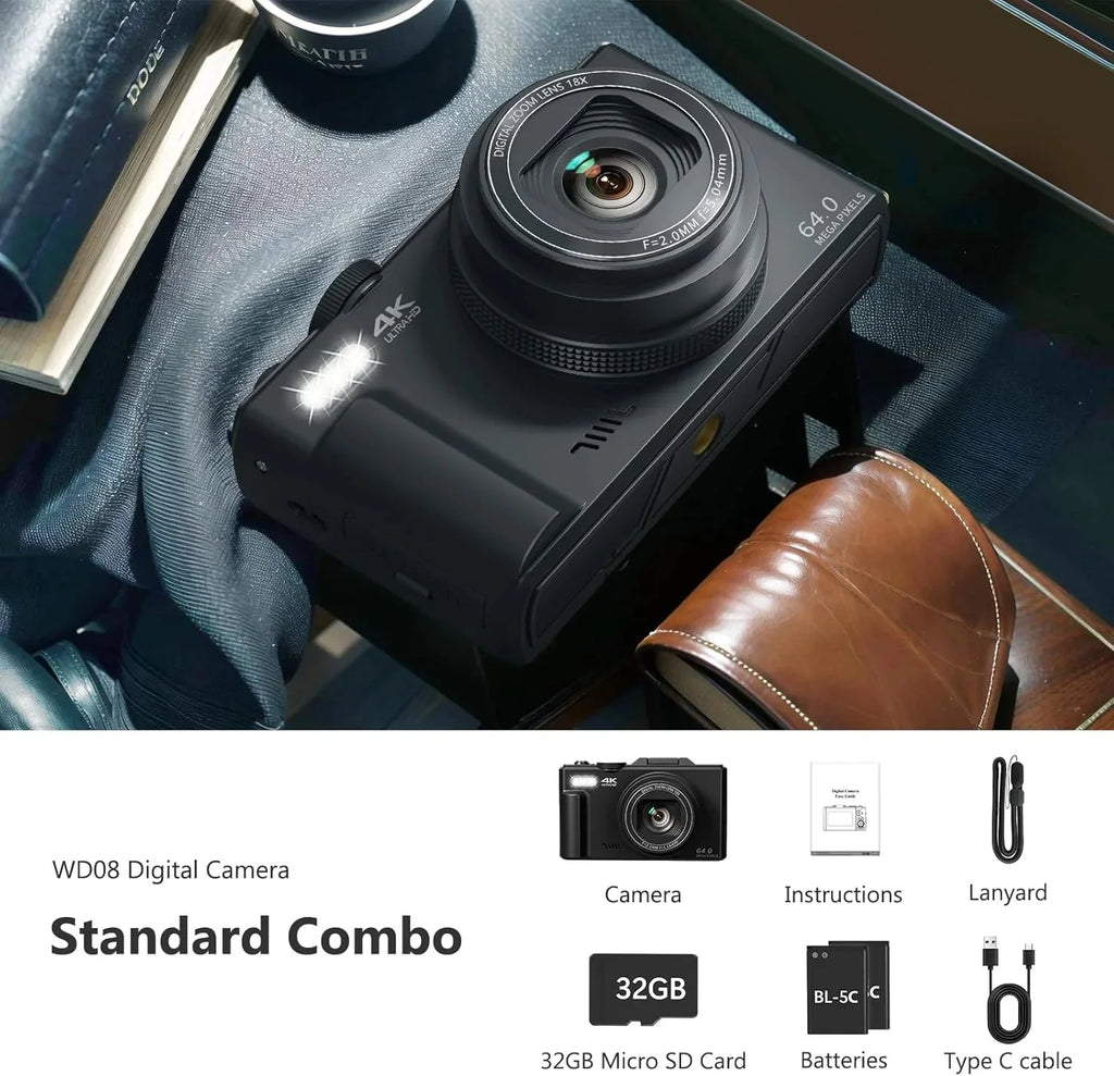 4K Digital Camera for Photography, 64MP Vlogging Camera for YouTube with 3 180° Flip Screen, 18X Digital Zoom Point and Shoot Camara with 32GB Micro SD Card for Beginner (Black)