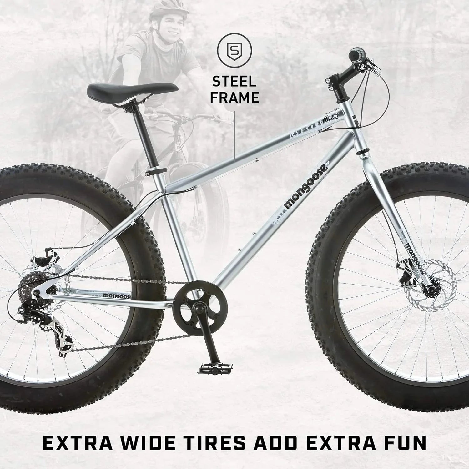Malus Mens and Women Fat Tire Mountain Bike, 26-Inch Bicycle Wheels, 4-Inch Wide Knobby Tires, Steel Frame, 7 Speed Drivetrain, Shimano Rear Derailleur, Disc Brakes