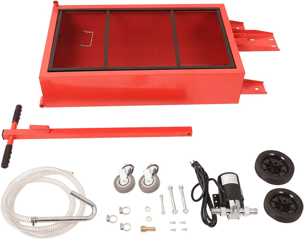 20 Gallon Low Profile Roll Around Oil Drain Pan with 110V Electric Pump 8 Feet Hose for Trucks Cars SUVS Red