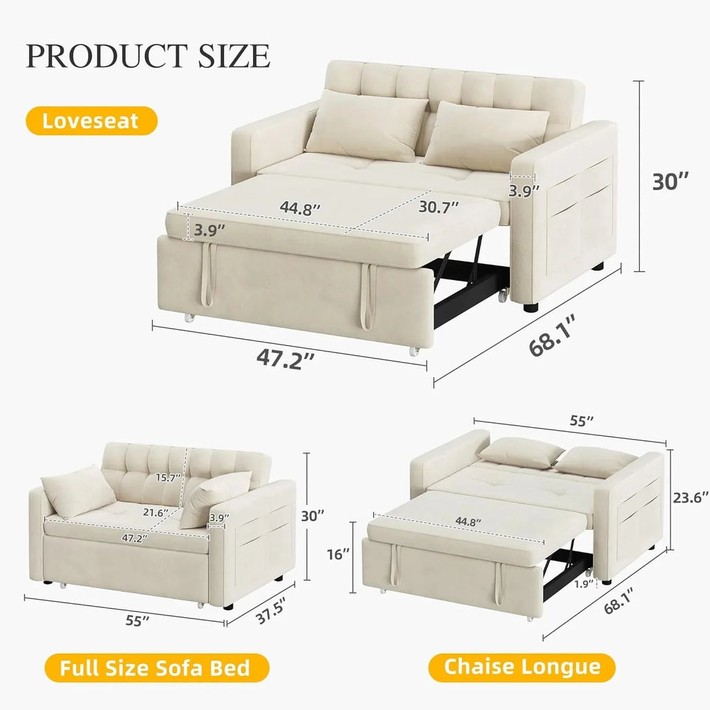 DWVO 3-in-1 Convertible Sofa Bed, 55 Sleeper Sofa with Pull-Out Bed, Cat-Scratch-Proof Fabric Futon Couch with Adjustable Backrest and Side Pocket, Loveseat for Living Room Apartment, Grey