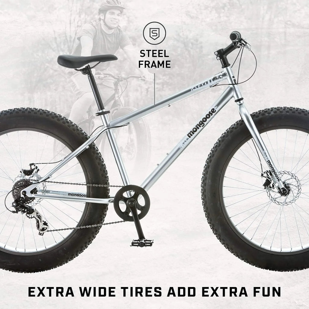 Mongoose Malus Mens and Women Fat Tire Mountain Bike, 26-Inch Bicycle Wheels, 4-Inch Wide Knobby Tires, Steel Frame, 7 Speed Drivetrain, Shimano Rear Derailleur, Disc Brakes