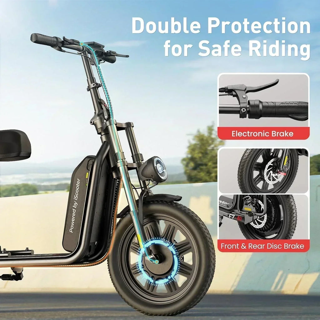 iScooter electric scooter with seat 28/19/15.6 mph top speed dual suspension scooter