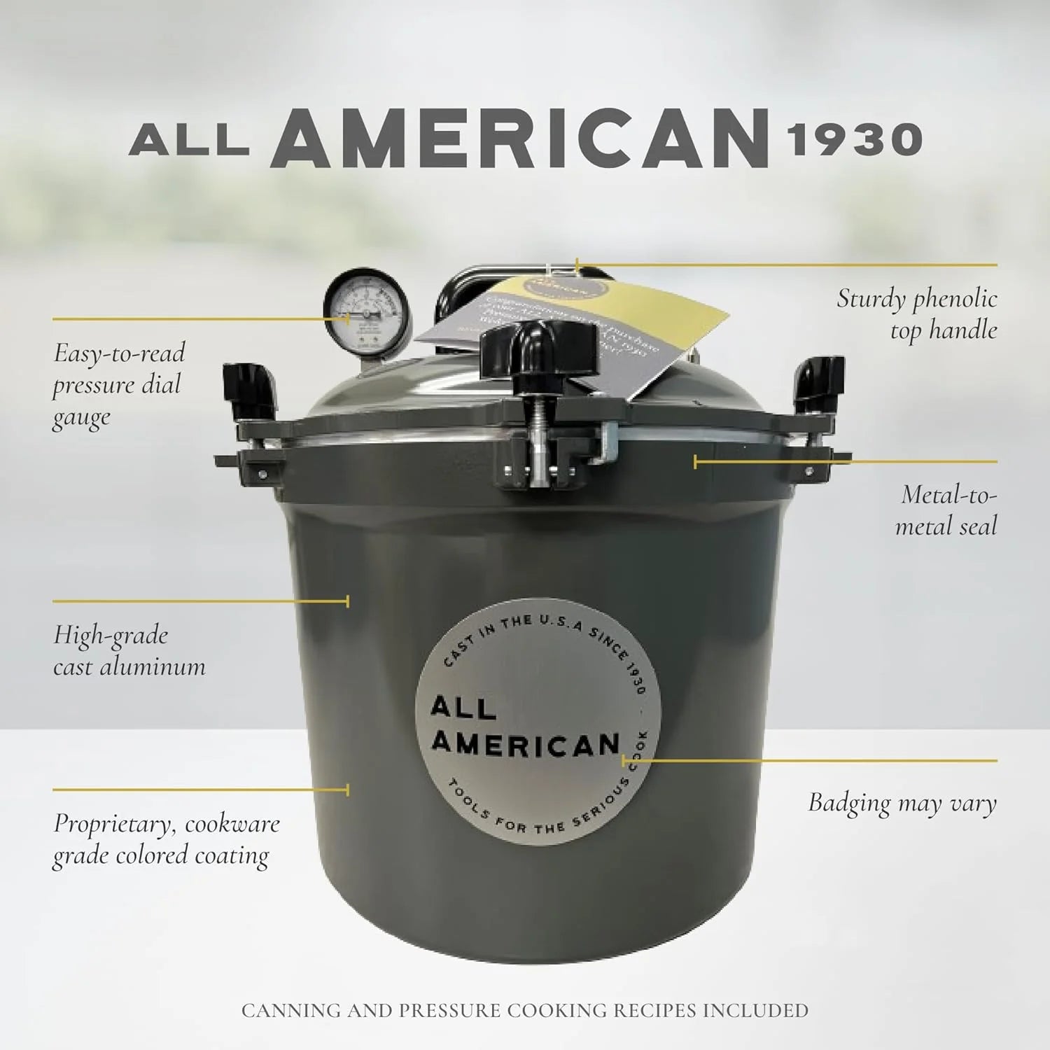All American 1930: 21.5qt Pressure Cooker/Canner (The 921) – Exclusive Metal to Metal Sealing System – Easy to Open & Close – Suitable for Gas, Electric, or Flat Top Stoves – Made in the USA
