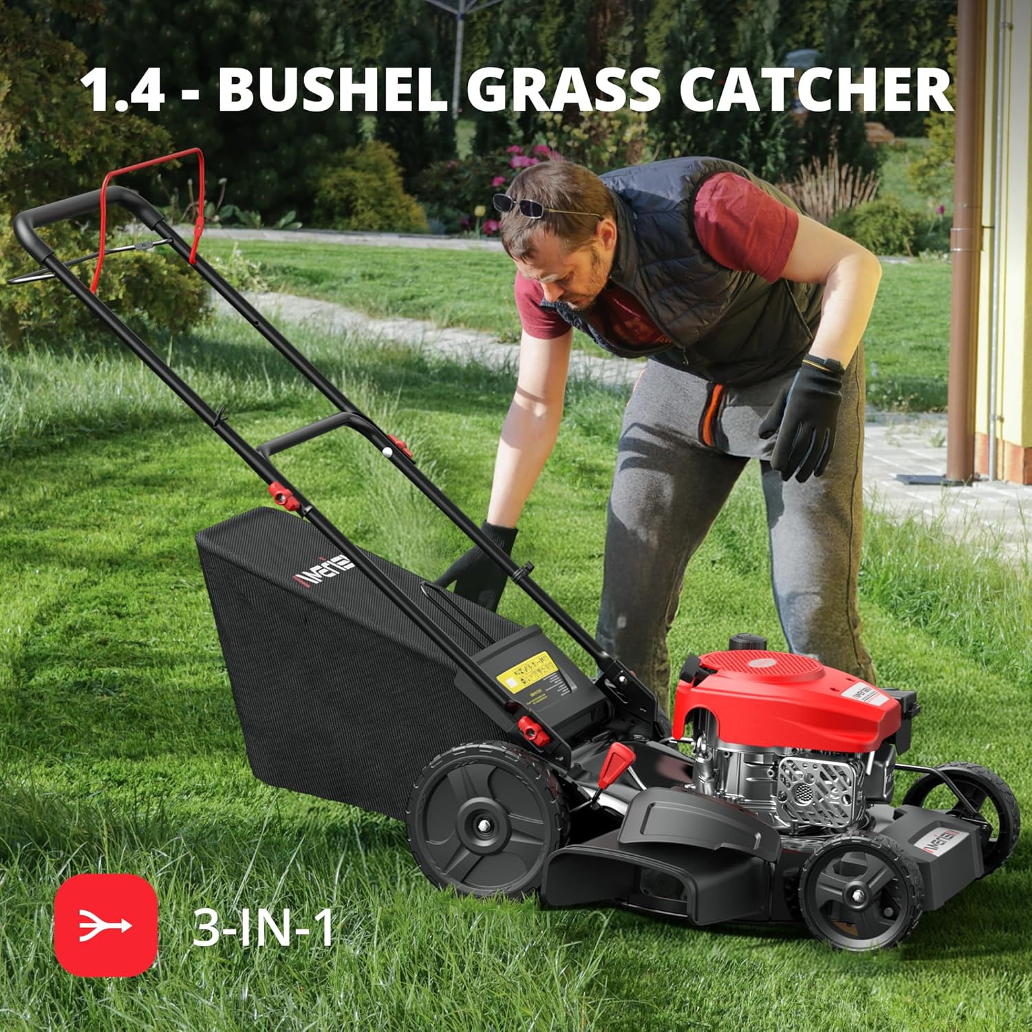 21 Steel Deck Gas Lawn Mower, Heavy-Duty 3-in-1 Push Mower, 144cc 4-Stroke Engine, 6-Position Height Adjustment, Large 1.4 Bushel Grass Catcher, Durable & Efficient for Yard & Garden