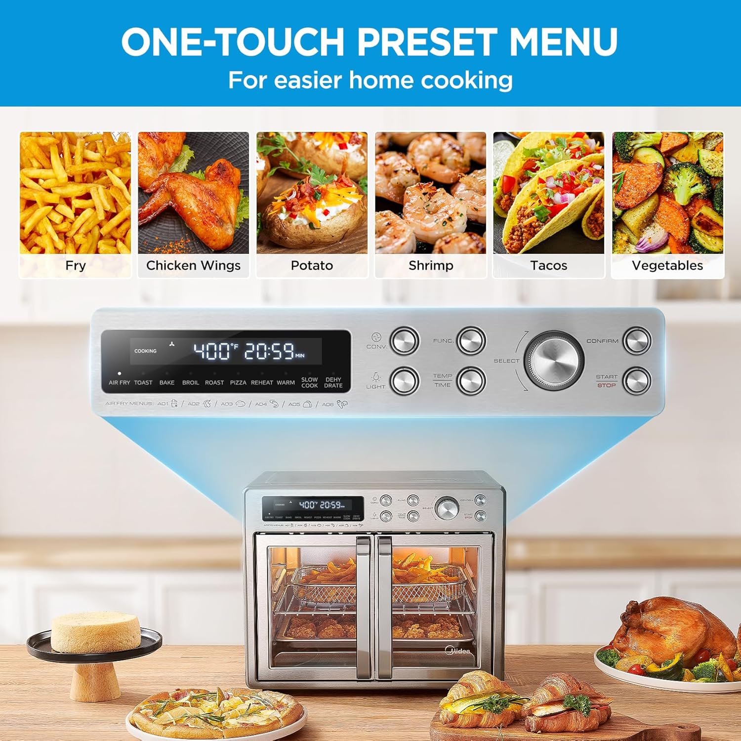 Flexify French Door Toaster Oven Air Fryer Combo 26.4 QT Extra Large Air Fryer Countertop