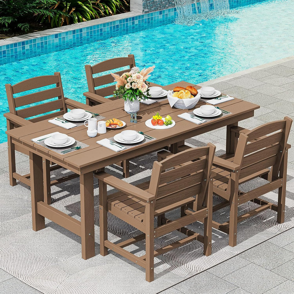 SERWALL 7-Piece Patio Table Set, Outdoor HDPE Dining Furniture with Umbrella Hole, All Weather Table and Chairs for Lawn, Garden, Poolside, Aruba