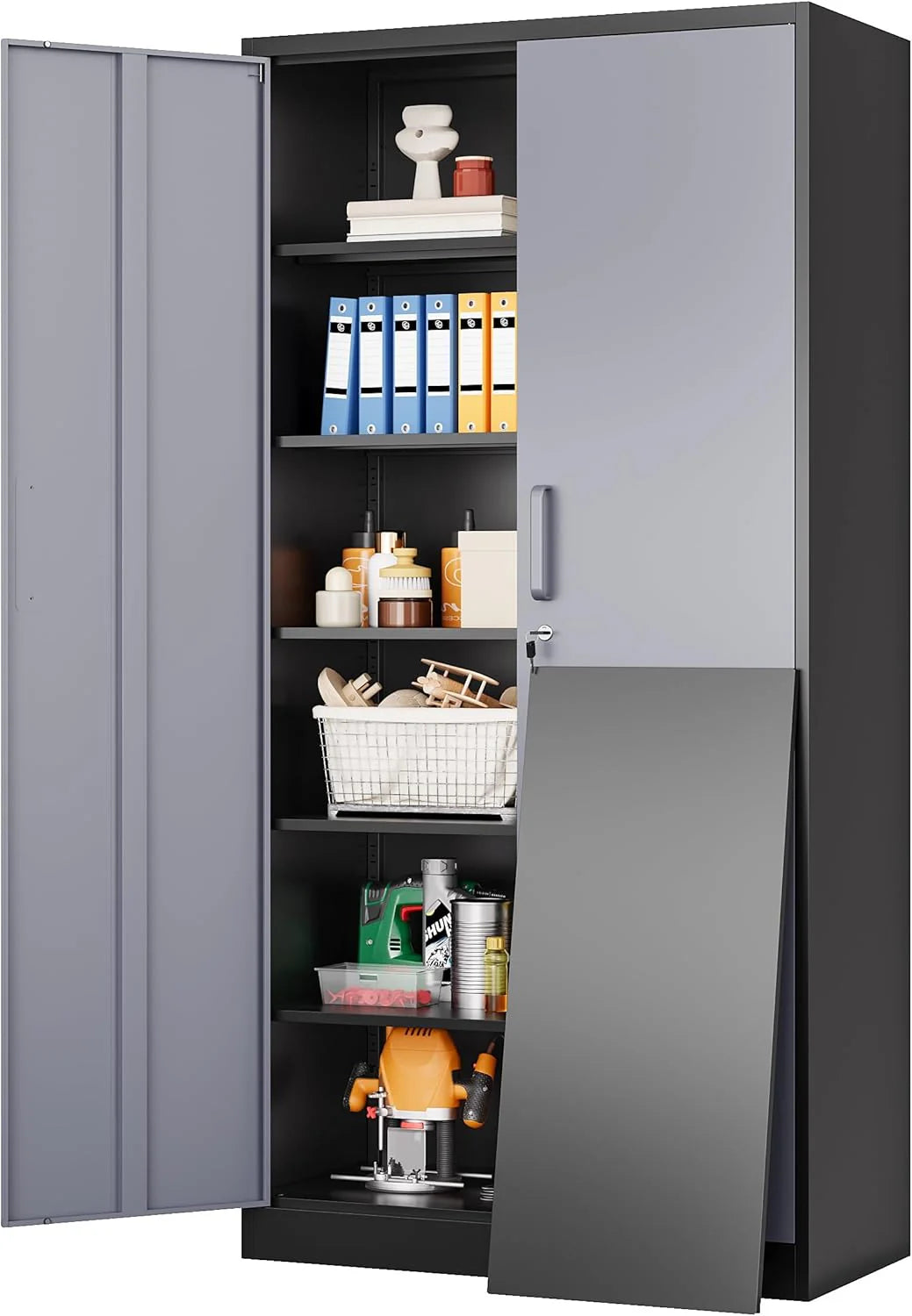 Metal Storage Cabinet with 2 Doors and 6 Shelves,Black Metal Cabinet with Lock,71 Lockable Garage Storage Cabinets,Locking File Cabinet,Steel Tool Cabinets for Home,Office,Garage,Shop,School