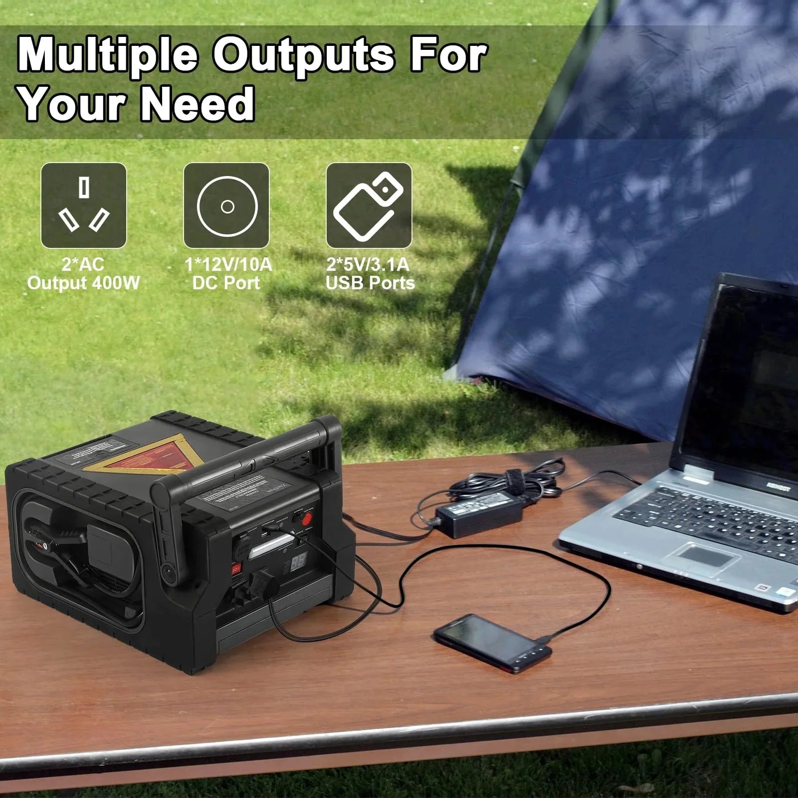 Solar Portable Power Station 2000 Amps Jump Starter, 260 PSI Air Compressor, 12V Car Battery Charger with 400W Inverter Dual AC/DC/USB Output, Emergency Backup Power with Flashlights