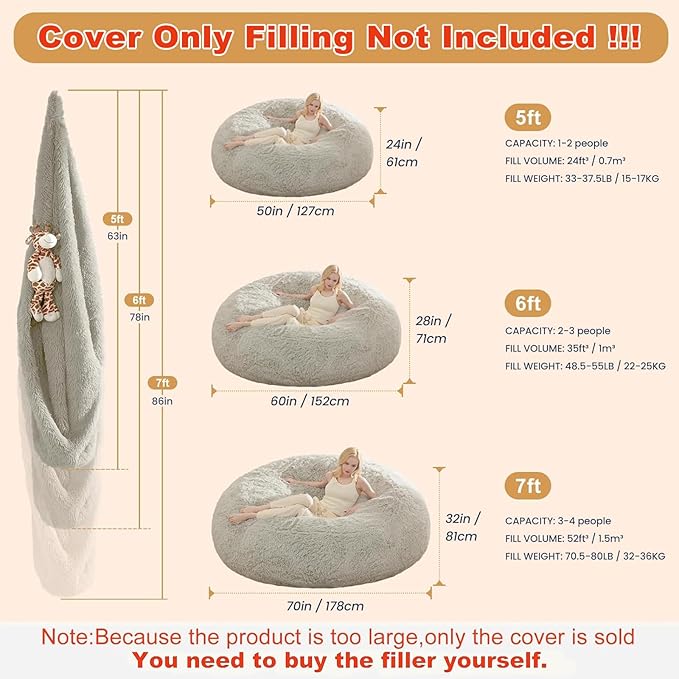 Faux Fur Washable Bean Bag Chair Cover(No Filler) for Textile Plush Toys