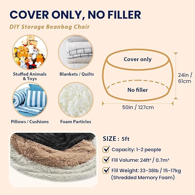 Faux Fur Washable Bean Bag Chair Cover(No Filler) for Textile Plush Toys