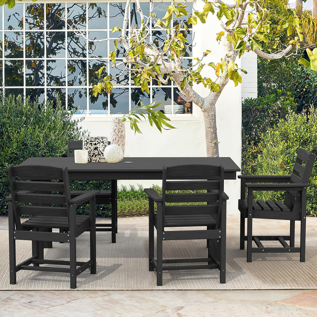 SERWALL 7-Piece Patio Table Set, Outdoor HDPE Dining Furniture with Umbrella Hole, All Weather Table and Chairs for Lawn, Garden, Poolside, Aruba