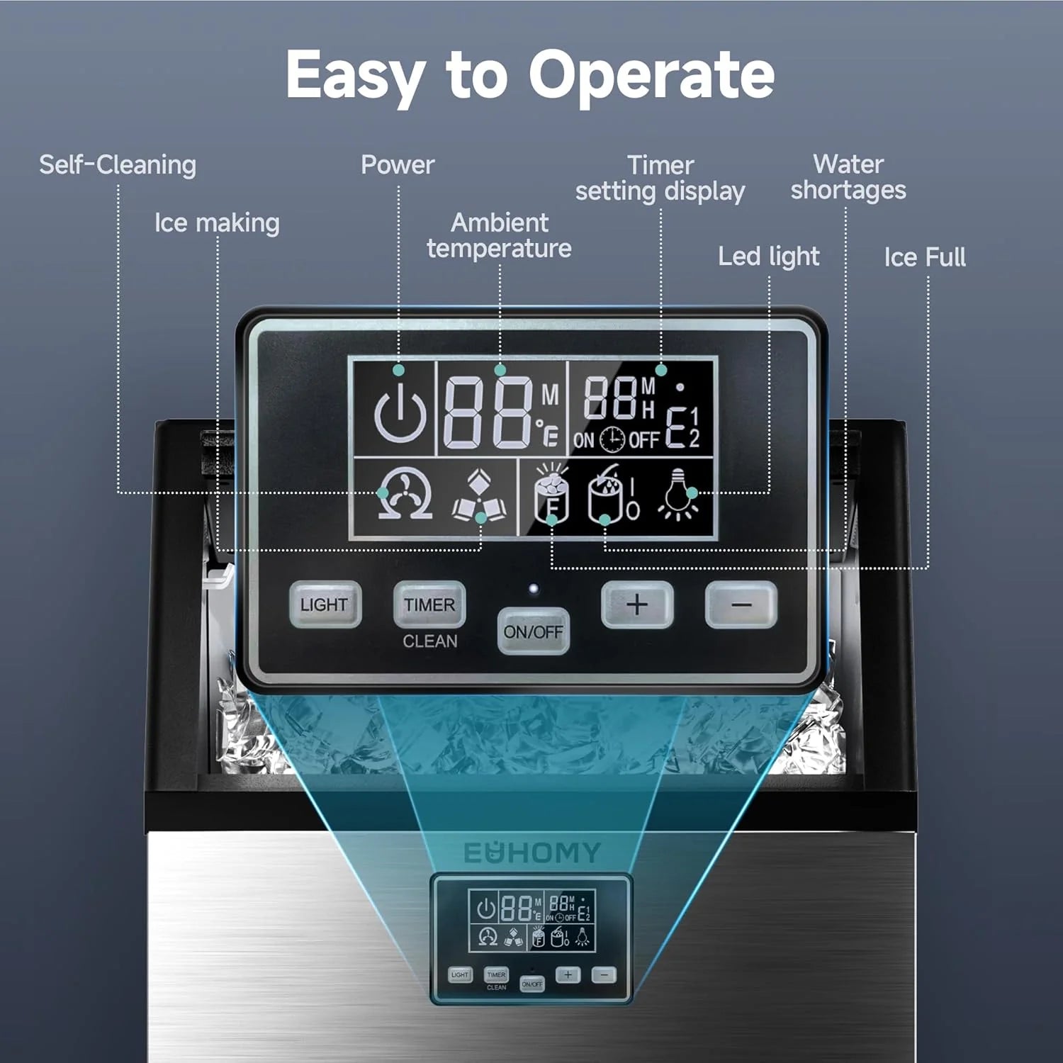 EUHOMY Commercial Ice Maker Machine, 100lbs/24H Stainless Steel Under Counter ice Machine with 33lbs Ice Storage Capacity, Freestanding Ice Maker.