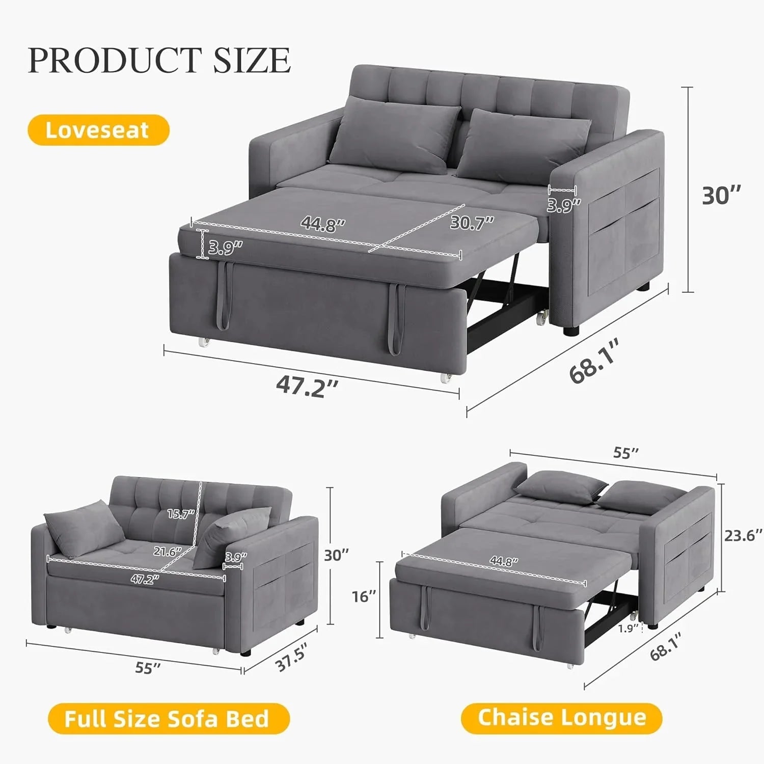 DWVO 3-in-1 Convertible Sofa Bed, 55 Sleeper Sofa with Pull-Out Bed, Cat-Scratch-Proof Fabric Futon Couch with Adjustable Backrest and Side Pocket, Loveseat for Living Room Apartment, Grey